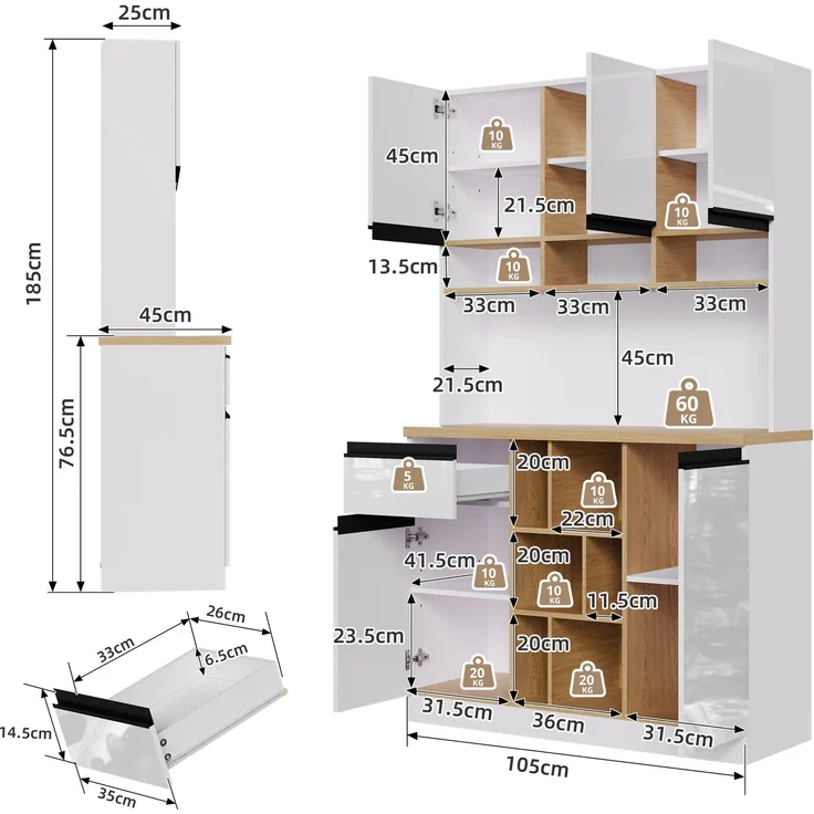 105×45×185 cm,weißer moderner Küchenschrank,Buffet,Sideboard,Hochglanztüren,Metallgriffe,verstellbare Regale,Schubladen,offener Stauraum,Kippschutz,geeignet für Küche,Esszimmer und Wohnzimmer--Weiß--105x45x185cm--YOUDENOVA – Bild 6
