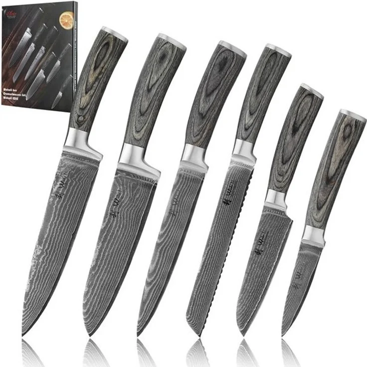 Wakoli Messer-Set EDIS 6er Damastmesser-Set I Küchenmesser Kochmesser I 8-20 cm Klingen (Damastmesser mit Geschenkbox, 6-tlg, 6er Damastmesser-Set), aus 67 Lagen Damaststahl, VG-10 Stahlkern – Bild 4