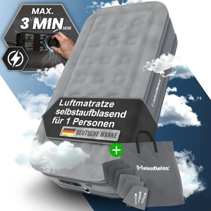 Heimfleiss® Luftmatratze 1 Person | Premium Luftbett selbstaufblasend 100x200 cm | Schnell Aufblasbare Matratze ideal nutzbar als Gästebett & Reisebett | Selbstaufblasbare Camping Air Mattress + Pumpe – Bild 4