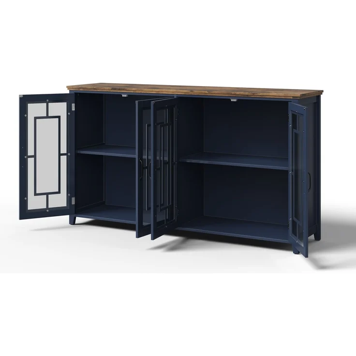 Merax 160cm Küchen-Sideboard mit Glastüren, einem geräumigen Staufach, einer Arbeitsplatte in Holzoptik und einer Kippsicherung, Blau – Bild 3