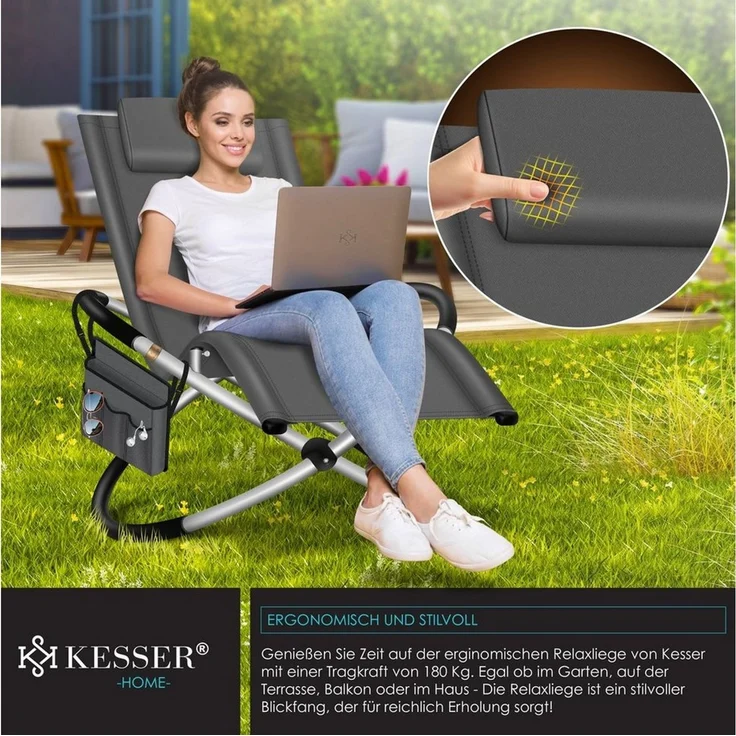 KESSER® Relaxliege Liegestuhl | Gartenliege | Gartenstuhl | Klappstuhl faltbar | Schwungliege | Schaukelsessel | ergonomische Relaxsessel | wetterfest | 180 kg Belastung | 174 x 78 x 89 cm Anthrazit - mit Set – Bild 2