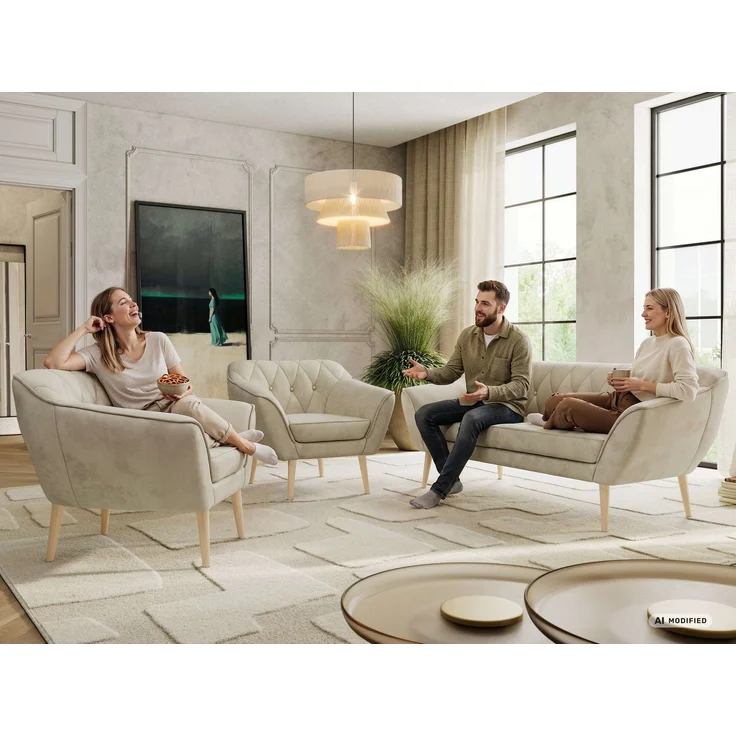 Wohnzimmerset PIRS 1-1-3, Skandinavisches 3-Sitzer Sofa mit Sesseln, Sofa mit Wellenfederung, Buche Füße, Skandinavisches Möbelset - Grau Stukture – Bild 3