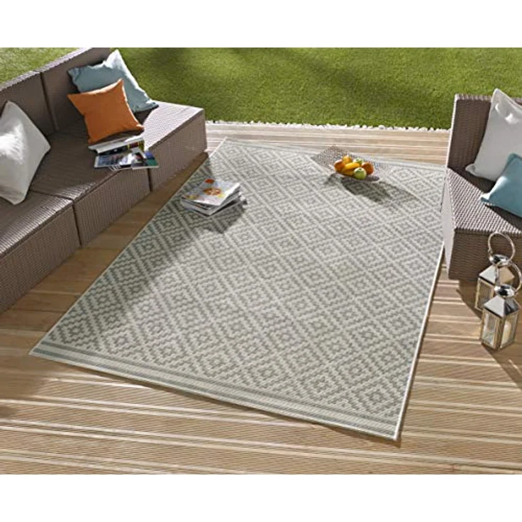 NORTHRUGS In- und Outdoor Teppich Raute 240x340 cm - Wetterfest Modern Geometrisches Raute Muster Design Teppich für Balkon Terrasse Garten Wintergarten Wohnzimmerteppich Wasserfest in Grau Creme – Bild 2