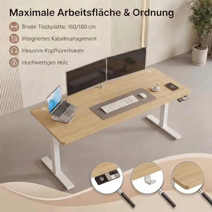 Devoko Höhenverstellbarer Schreibtisch 160x80 cm elektrisch, Höhenverstellung 63-128 cm mit Smart Control, 125 kg Tragkraft, für gesundes Arbeiten – Bild 7