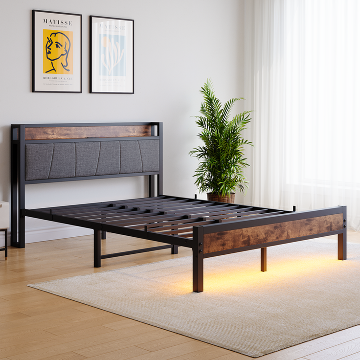 Homerecommend Metallbett 120x200 cm, Einzelbett und Jugendbett, mit RGB-LED-Beleuchtung und 2 USB-Anschlüssen, Vintage Braun & Schwarz – Bild 9