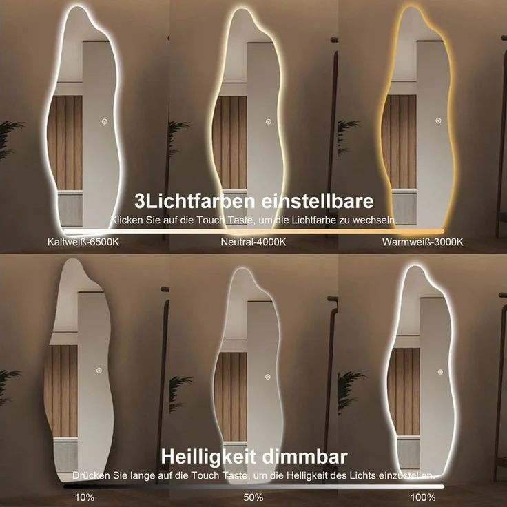 WDWRITTI Ganzkörperspiegel Rahmenlos LED Ganzkörperspiegel Wandspiegel groß asymmetrisch (Flurspiegel Modern mit 3Lichtfarben, Dimmbar, Speicherfunktion, 165x60cm), für Wohnzimmer Schlafzimmer Garderobe Flur Friseurladen – Bild 2