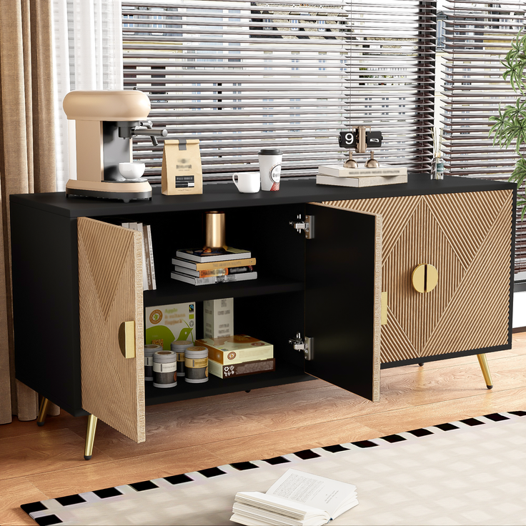Sideboard, MDF/PB mit 4 Türen & Soft-Close, 160x40x75 cm, Schwarz/Holzfarben – Bild 6