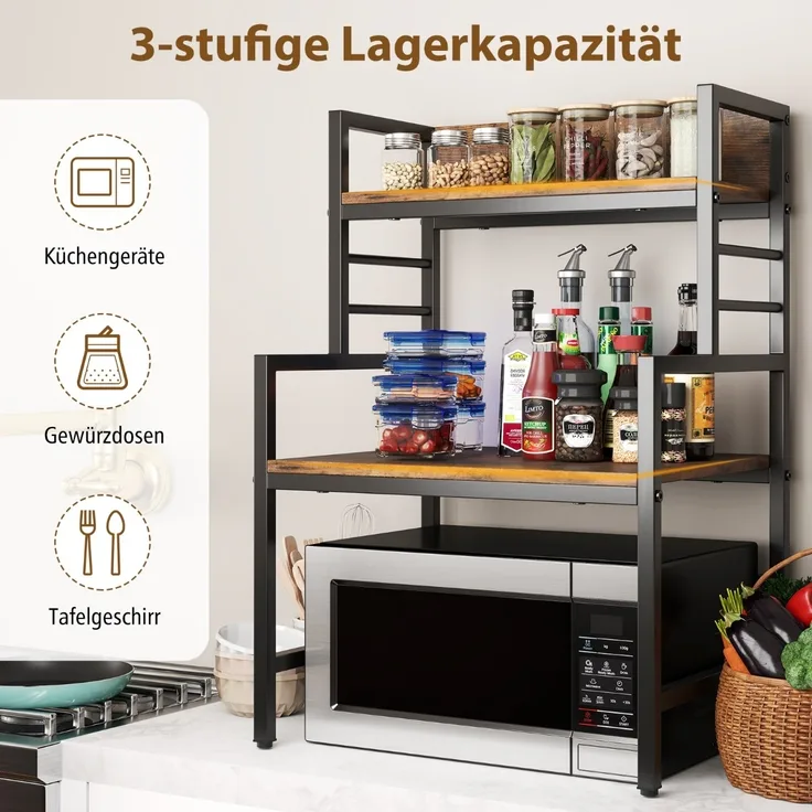 3 Stufiges Mikrowellenregal Mikrowellenständer mit 2 offenen Ablagen 52 x 42 x 78 cm