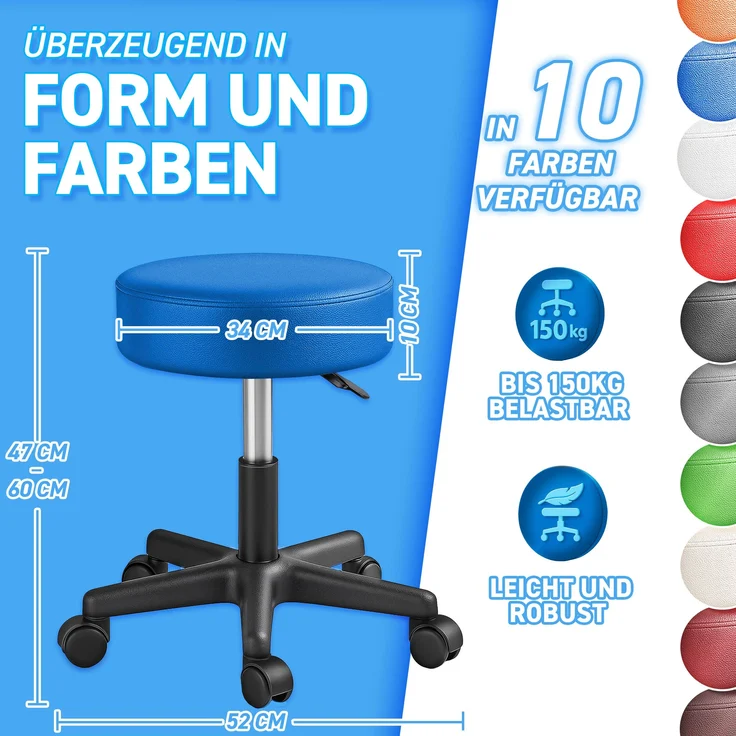 TRESKO® Rollhocker mit Lehne 150 kg Blau | Arbeitshocker höhenverstellbar 46-58 cm | Drehhocker mit Rollen | Bürostuhl Hocker Drehstuhl Kosmetikhocker – Bild 5