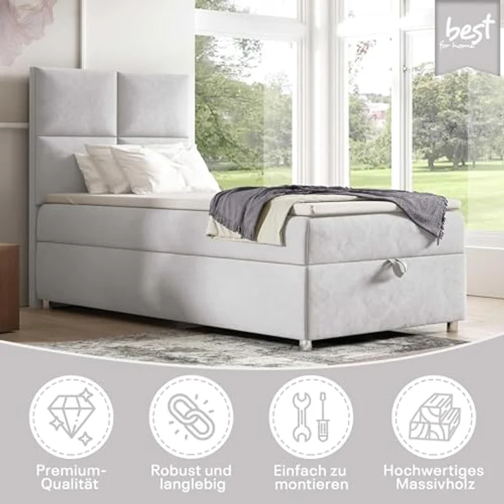 Best for Home Boxspringbett K2 SINGLE mit Bettkasten (Silber 90x200) – Bild 3