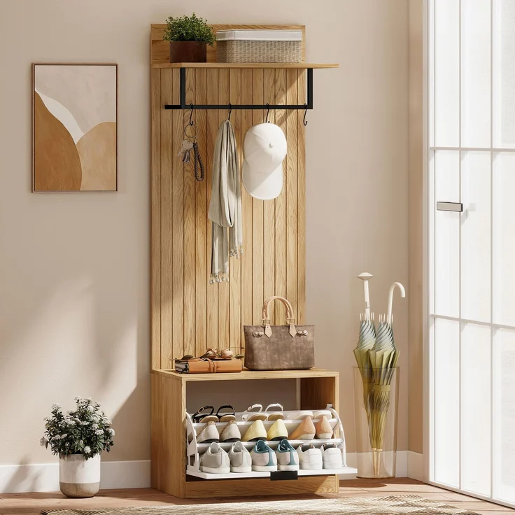 MELAYR, 5-in-1-Eingangsbereichmöbel: Garderobenständer, klappbare Schuhbank, Ablage und 4 Haken, 60 x 30 x 170 cm, Eiche – Bild 3