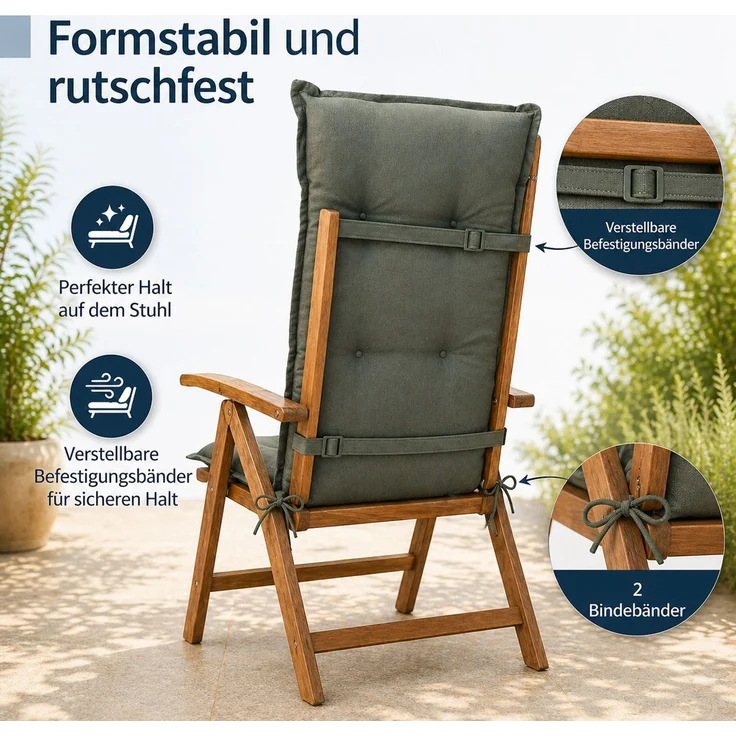 BURI 4x Hochlehner Auflage 117x49x6 cm - wetterfeste Gartenstuhlauflage mit Schaumkern & Vollvlies, Halteband & Bindebänder, bequemes Stuhlpolster für Balkon, Terrasse & Garten (Grün) – Bild 4