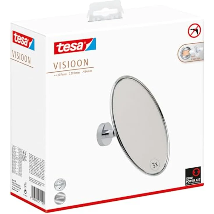 tesa Schminkspiegel Kosmetikspiegel Visioon - runder Badezimmer Schminkspiegel (Komplett-Set, 1-St, Inkl. Powerkit Montagezubehör - enthält Klebelösung und Adapter), 3-fache Vergrößerung - Wandmontage ohne Bohren - 14 cm - Silber – Bild 3