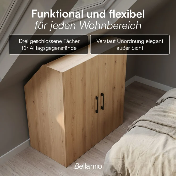 Bellamio 'Aland' Dachschrägenregal mit Türen, Eichenoptik, 100x52x90 cm, Schrank für Dachschräge mit 3 Fächern – Bild 3