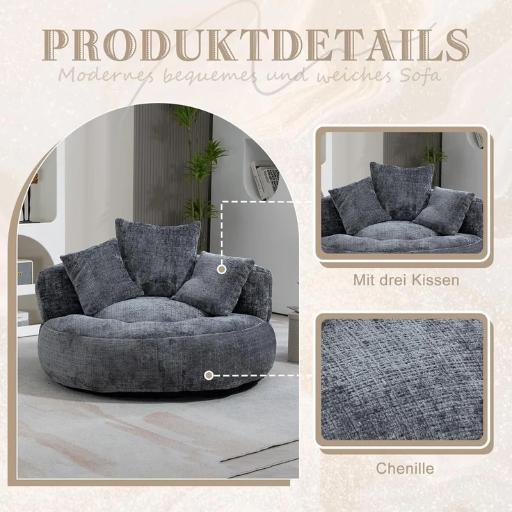 Couch Boneless Sitzsack 3 Kissen Chenille Outdoor Gaming Grau – Bild 4