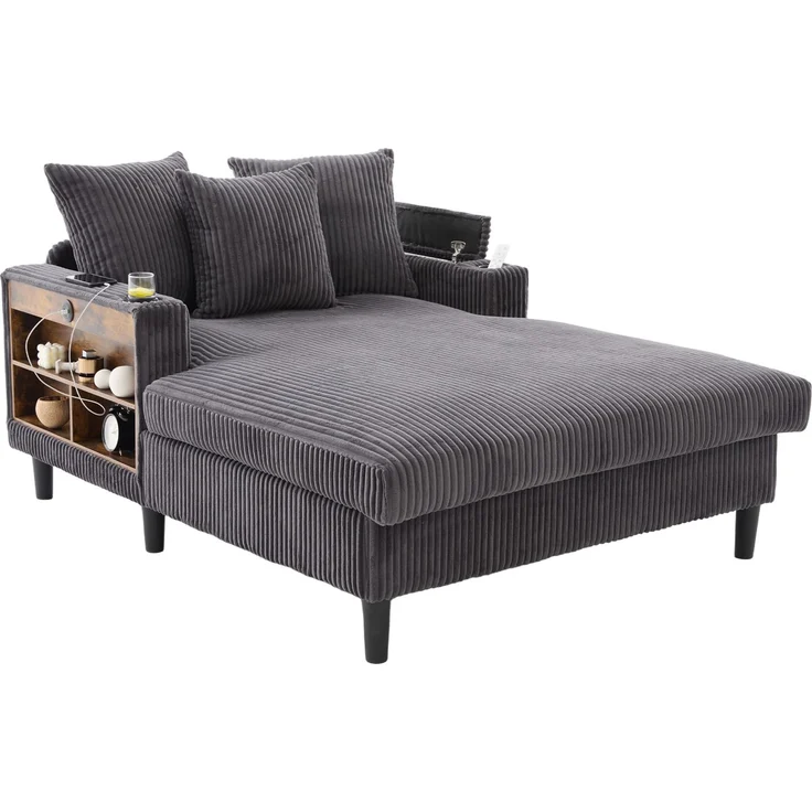 LVHOM Schlafsofa mit LED & USB, Chaiselongue mit Becherhalter & Stauraum, großes Einzelsofa bis 300kg belastbar, inkl. 3 Kissen, 129x170cm, Grau – Bild 1