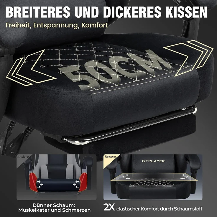 GTPLAYER Gaming Stuhl Stoff Gaming Chair Ergonomisch Bürostuh PC Stuhl, 150kg Belastbarkeit, Verstellbarer und Drehbarer Schreibtischstuh mit Federsitzkissen und Fußstütze, Schwarz – Bild 4