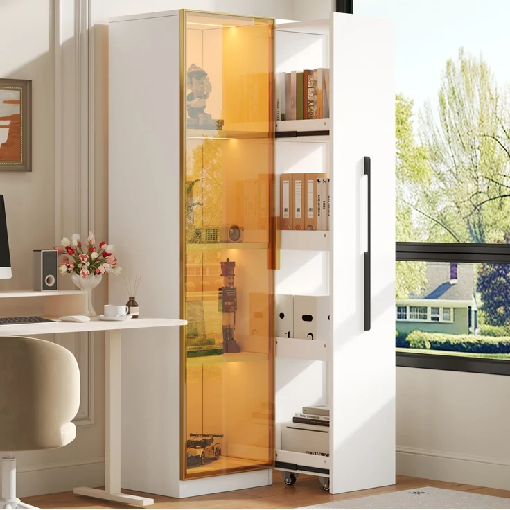 Vitrinenschrank 70x40x160 cm mit Glastüren, seitlichem Auszug und LED-Beleuchtung – Bild 2