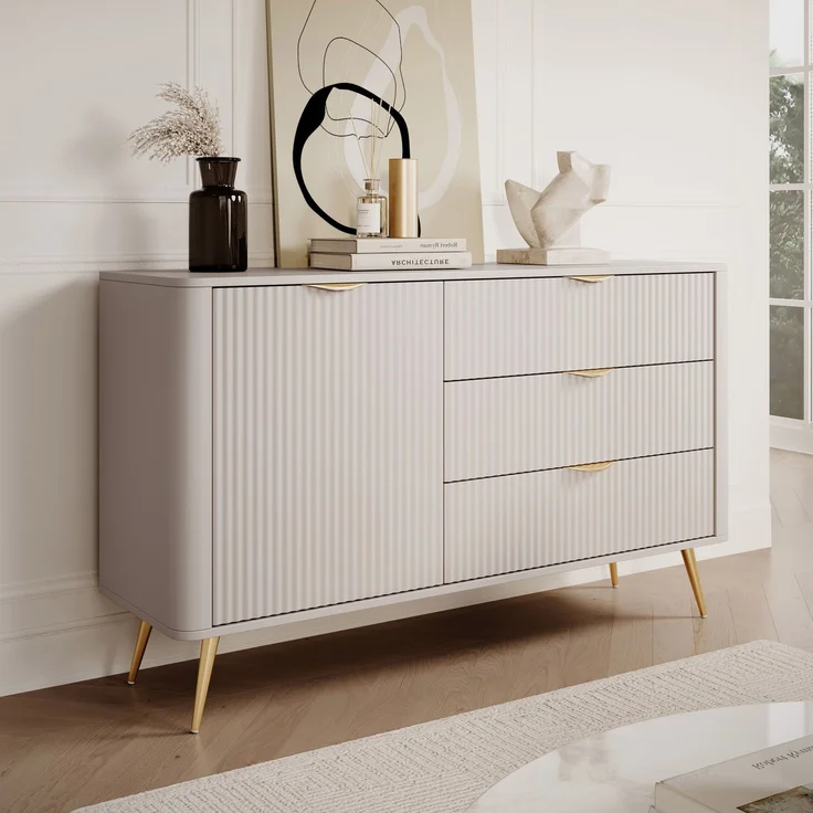 AX LIVING Modern Schubladen Sideboard Vespasia 138 T3S – 138,2cm Beige – Bild 1