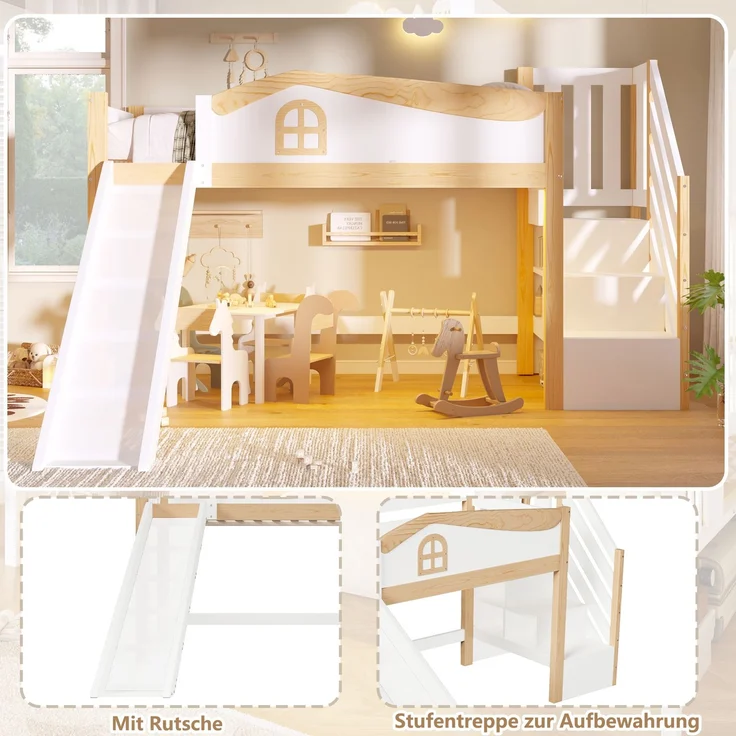 Halbhohes Bett, 90x200cm, Sicherheitsgeländer, Stauraumleiter, Rutsche, mit LED-Lichtleiste, Weiß – Bild 6