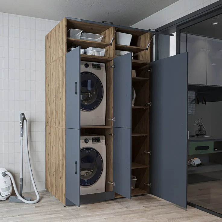 Roomart Waschmaschinenschrank- DORA-II- 130 cm breit – Waschmaschinen- & Trockner-Überbau mit Türen und Ausziehplatte, Bad & Waschküche • Anthrazit-Eiche