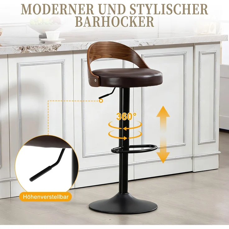 LVHOM Barstuhl 2er Set, 360° drehbarer Barhocker mit Rückenlehne und Fußstütze, höhenverstellbarer Tresenhocker aus Bugholz & PU-Leder, Braun – Bild 3