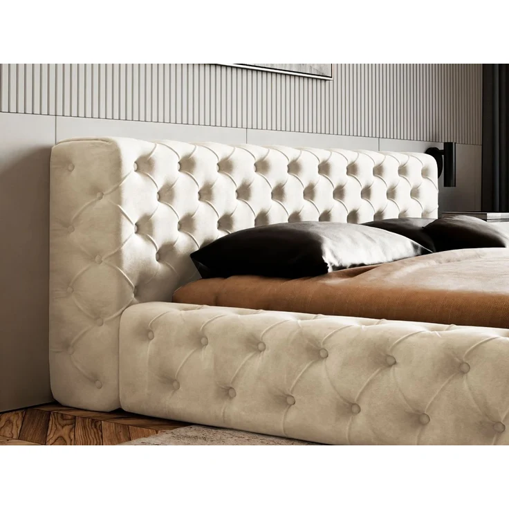 GRAINGOLD Palini Polsterbett 140x200, mit gepolstertes Kopfteil, gestepptes Bett, Bettkasten, Velour-Stoff, Beige – Bild 6