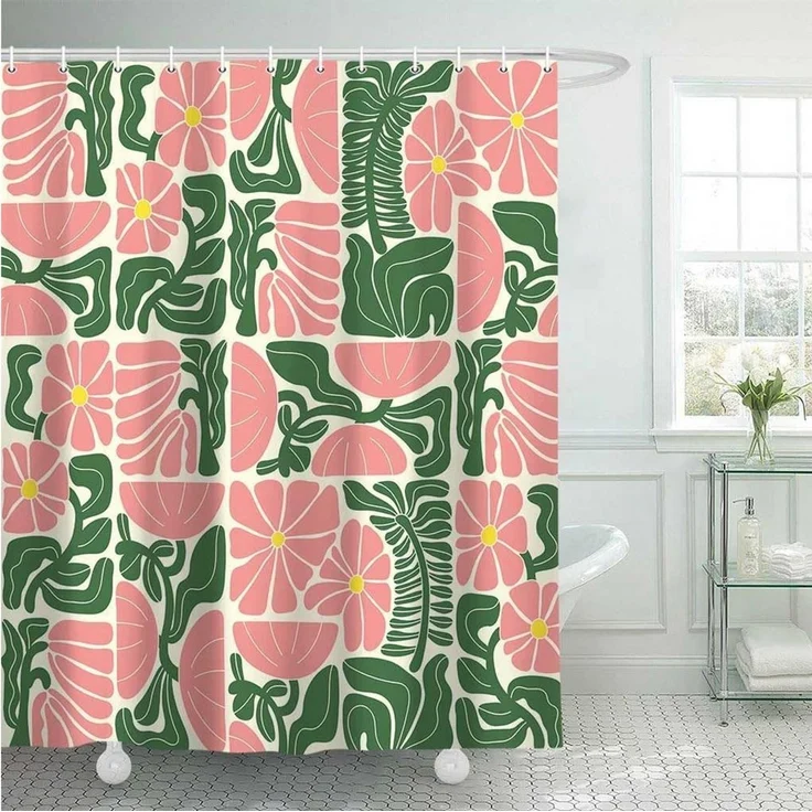 Coonoor Duschvorhang Boho Duschvorhang mit abstraktem, buntem Blumenmuster Breite 180 cm (1-tlg), Vintage Retro Patchwork – Geometrisches Botanisches Design für das Bad – Bild 2