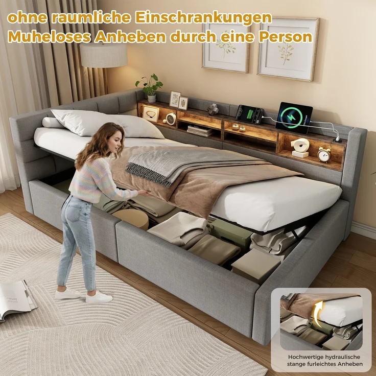 Daybett, Tagesbett, Schlafsofa,90x200cm, Ohne Matratze, Hydraulische Lagerung, mit dimmbarer LED-Leiste, mit praktischem Regal, mit USB-Anschluss, Grau – Bild 9