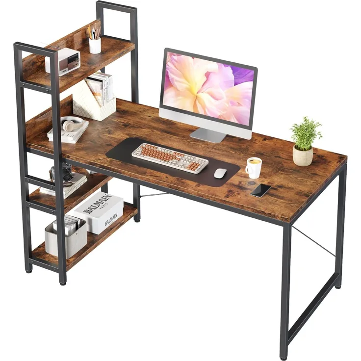 Sweetcrispy Schreibtisch mit Seitlichem Regal & Verstellbaren Füßen, 120 cm breiter Bürotisch, Starker Computertisch mit Ablagefläche, Einfacher Montage, vintagebraun