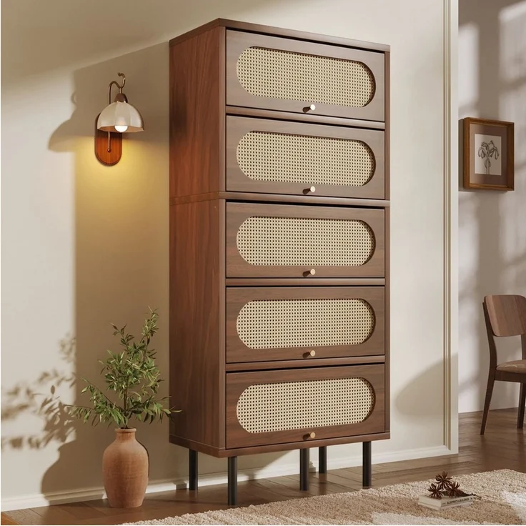 Flieks Hochschrank Kommode mit 5 Klappen und Rattantüren in Walnussholzfarbe (80x40x163 cm, 1-St, für Wohnzimmer, Schlafzimmer, Flur, Arbeitszimmer und Esszimmer) Mehrzweckschrank Sideboard Holzschrank Highboard, Metallbeine – Bild 2