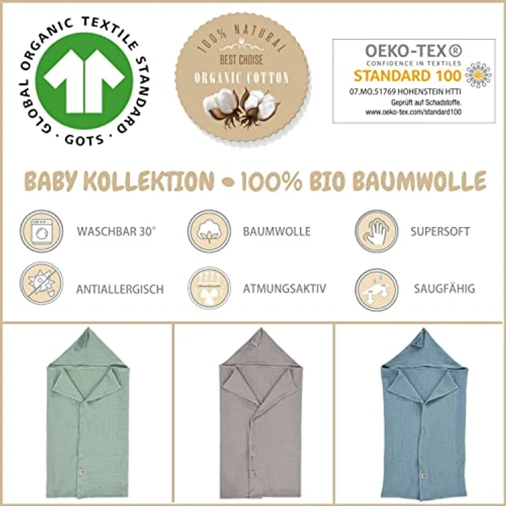 SEI Design Kapuzenhandtuch BIO Baby-Badeponcho 75x100 cm, Musselin (1-St), Musselin 4-lagig - 100% BIO Baumwolle – Bild 3