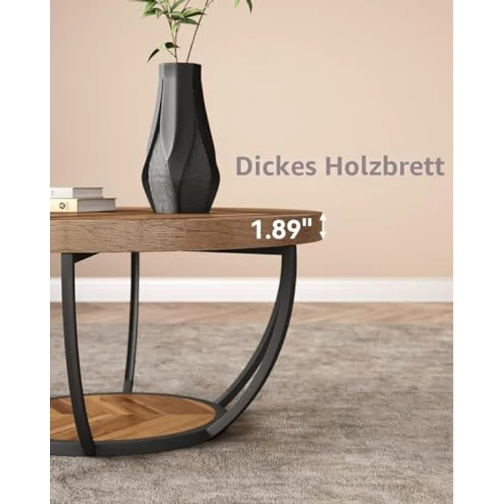 LITTLE TREE Runder Couchtisch, 81,3 cm, runder Couchtisch für Wohnzimmer, 2-stöckiger Holzakzent-Mitteltisch mit offenem Stauraum, Industrie-Design, Wohnmöbel (Holzmaserung und Schwarz) – Bild 8