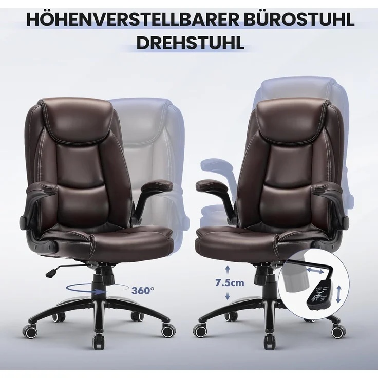 COLAMY Ergonomischer Bürostuhl, Office Bürostuhl Ergonomisch, 360° Drehung Chefsessel Schreibtischstuhl mit Hochklappbaren Armlehnen, Verstellbarer Rückenlehne, Höhe & Kippspannung, Braun – Bild 5