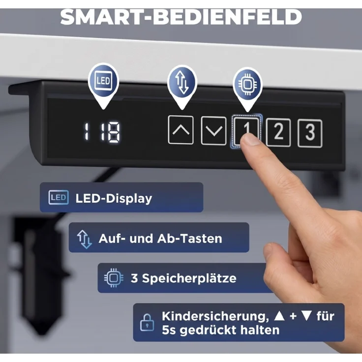 Schreibtisch 140x60x72–118 cm, elektrisch höhenverstellbar mit LED-Speicher, Weiß – Bild 5