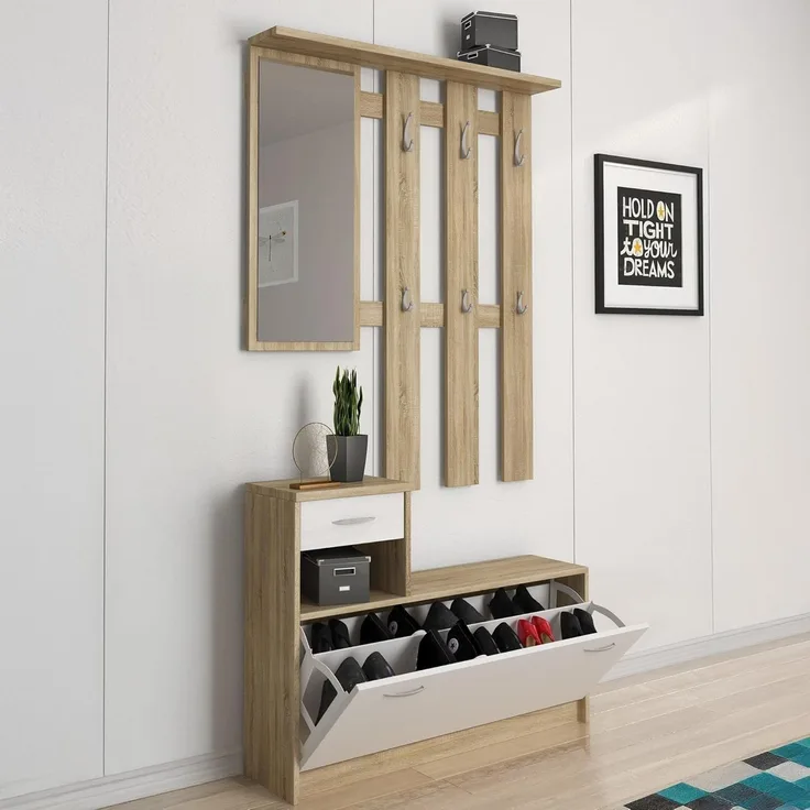 Dmora - Eingangsmöbel Clint, Moderner Eingangsbereich mit Spiegel, Schrank mit Schuhregal, Multifunktionsschrank, 100x25h180 cm, Weiß und Braun