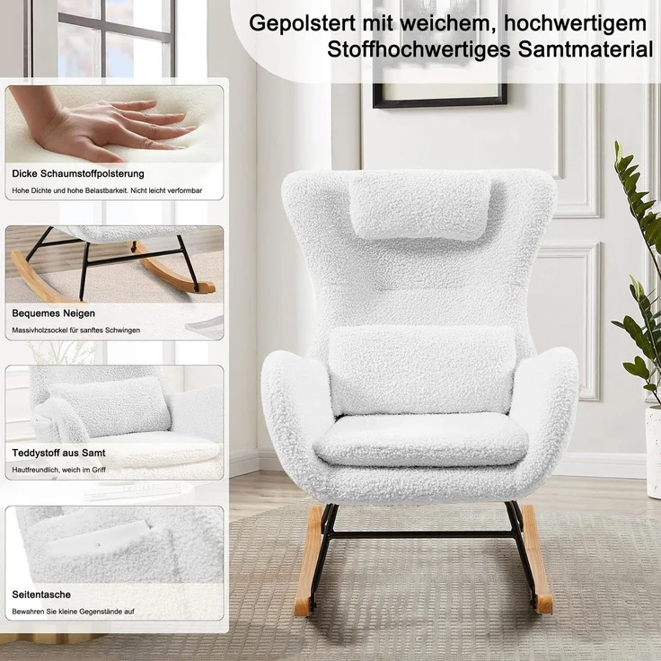 Schaukelstuhl aus Teddy-Velours mit Polsterung & Schaukelmechanik, 45x85x95 cm, Weiß – Bild 8