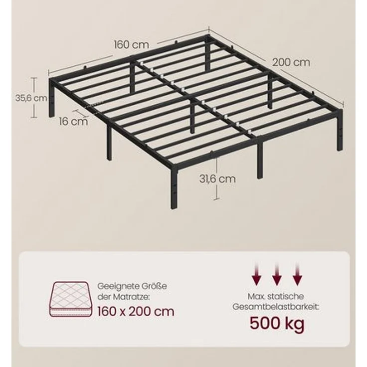 VASAGLE Doppelbettgestell, Bett, 160 x 200 cm, Metallbett, Bettrahmen, Unterbettaufbewahrung, modern, Gästebett, einfacher Aufbau, tintenschwarz RMBDE135B01 – Bild 4