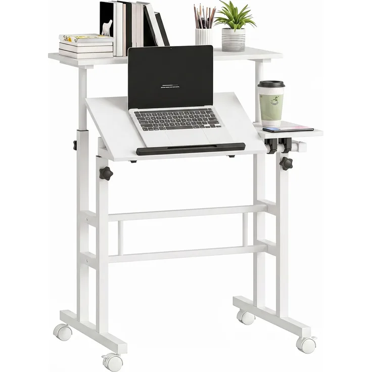 Steh-Sitz-Schreibtisch, höhenverstellbarer Schreibtisch 70 x 60 cm, auf Rollen mit neigbarer Tischplatte, 70 x 60 x 70,5–120 cm, Weiß