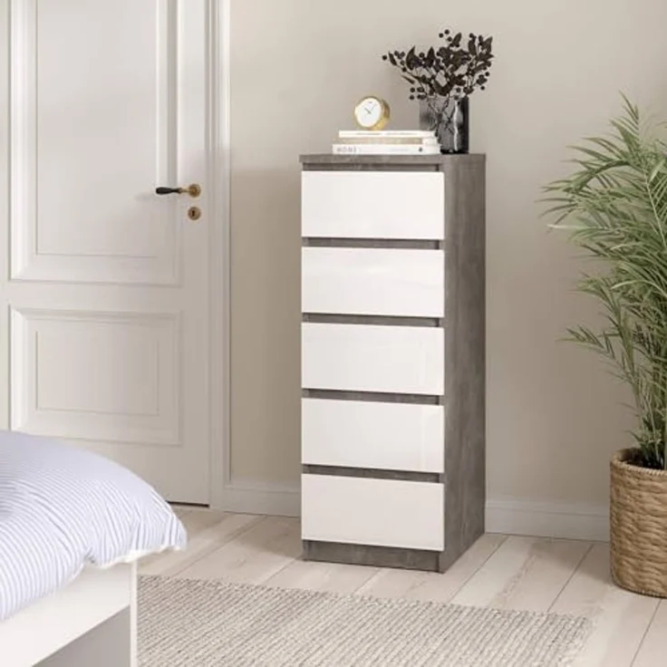 Dmora - Kommode Joelle, Mehrzweckkommode, Schlafzimmerkommode, Schrank mit Schubladen, 50x40 h111 cm, Zement und Weiß – Bild 1