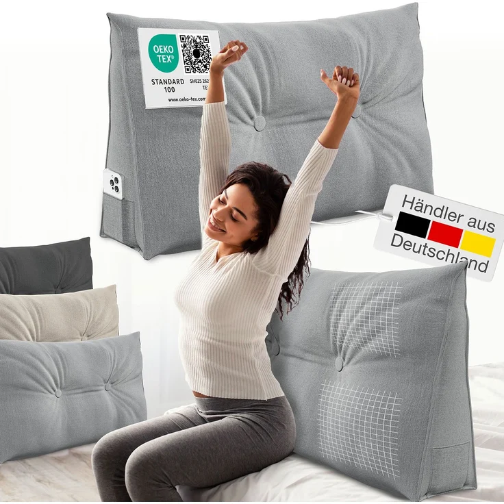 ELONEO Rückenkissen Bett- und Rückenstützkissen >Grau< 90cm – Bild 1