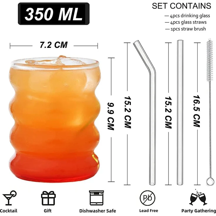 ALINK Gerippte Trinkgläser mit Glasstrohhalmen 4er Set 350ml Eiskaffeegläser – Bild 2