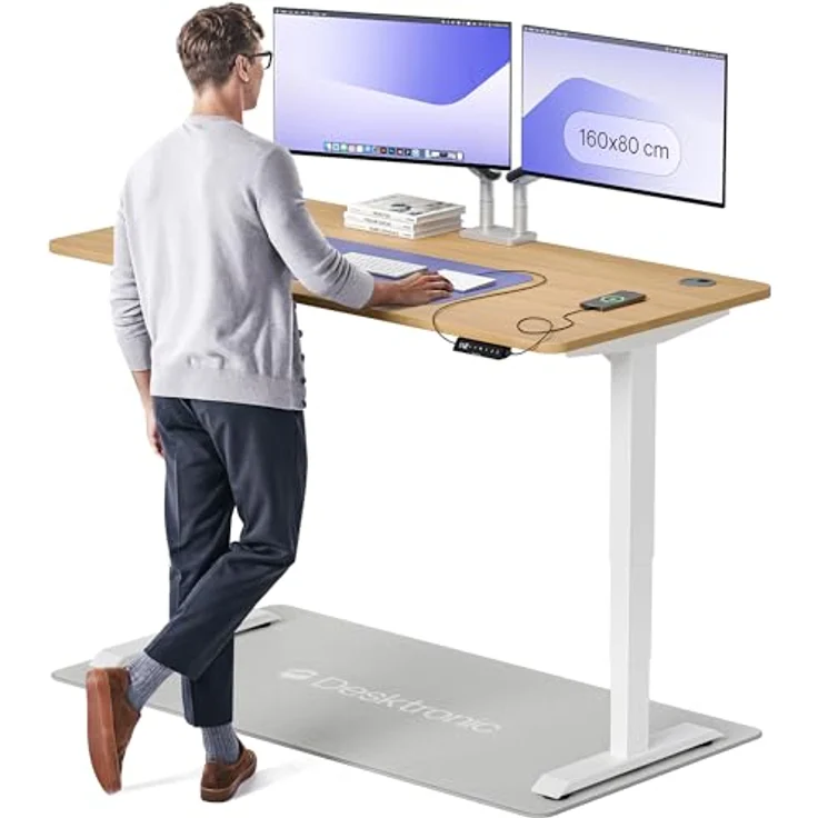 Höhenverstellbarer Schreibtisch - Höhenverstellbar Elektrisch mit Flüsterleisem Dual-Motor & Touchscreen - Hohe Tragfähigkeit - Stehtisch von Desktronic, Weiß + Eiche, 160x80 cm – Bild 2