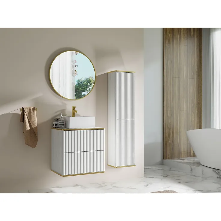 Vente-unique - KELIZA Badezimmersäule und -regal Holz, Platte Weiß - B 25 cm x H 140 cm x L 35 cm