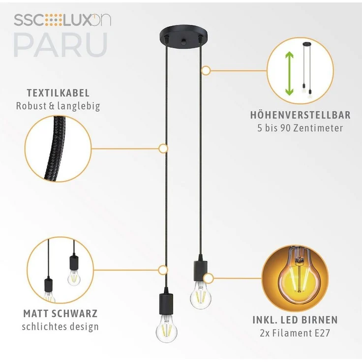 SSC-LUXon LED-Hängeleuchte PARU Hängeleuchte 2 flammig schwarz rund LED Glühbirnen E27 warmweiß, Warmweiß – Bild 3