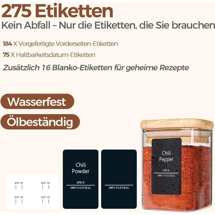16er Set Gewürzgläser Glas Bambusdeckel 170ml + 275 Etiketten – Bild 5