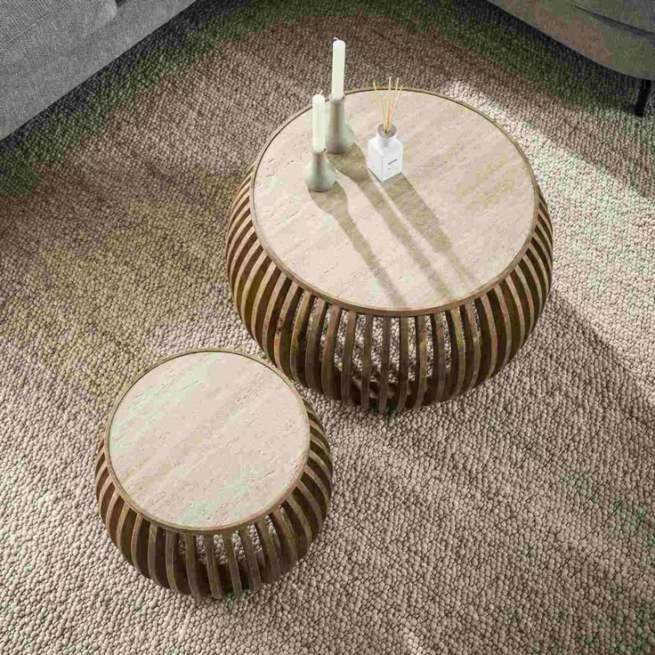 Couchtisch Set Tratin aus massivem Mangoholz, skandinavisches Design, rund, natur beige, Travertin-Optik – Bild 3