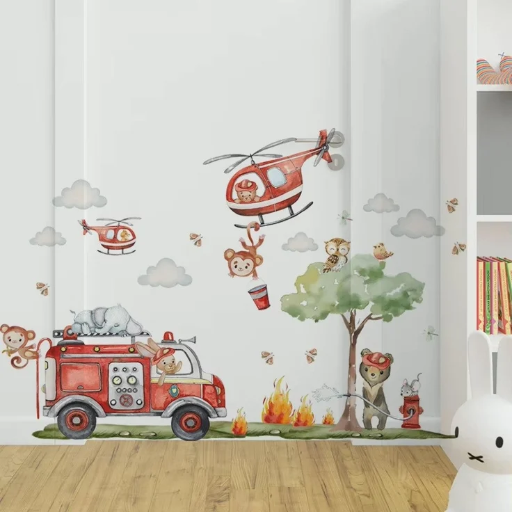 Montegoni Wandsticker Cartoon Feuerwehr Wandsticker, selbstklebend, Kinderzimmerdeko, Selbstklebend und wiederverwendbar, leicht anzubringen – Bild 1