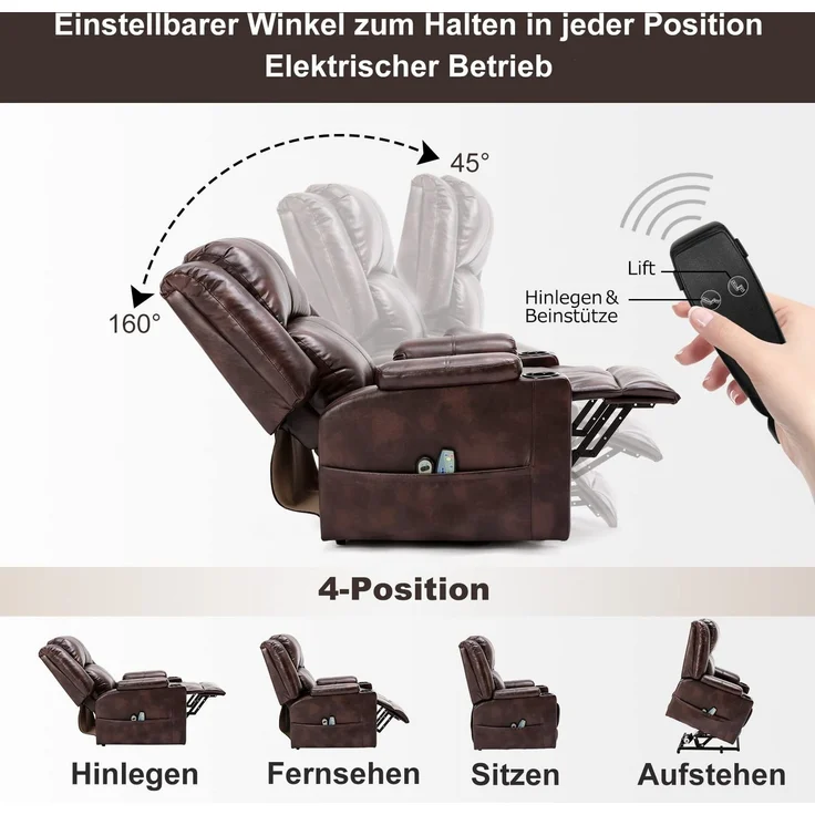 COMHOMA elektrischer Aufstehsessel, Relaxsessel Fernsehsessel Massagesessel mit Liegefunktion Sessel mit Aufstehhilfe Powerlift-Liegestuhl für ältere Menschen braun – Bild 3
