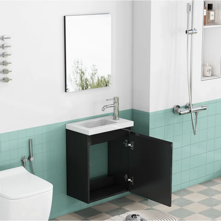 Badezimmerschrank mit Keramikwaschbecken und Spiegel, wandmontiert, 39,8x24,8x48 cm, Schwarz – Bild 3